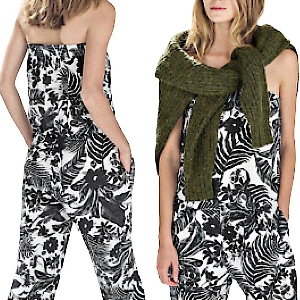 Zara Trafaluc Black & White Floral Linen Bandeau Strapless Jumpsuit Size Small